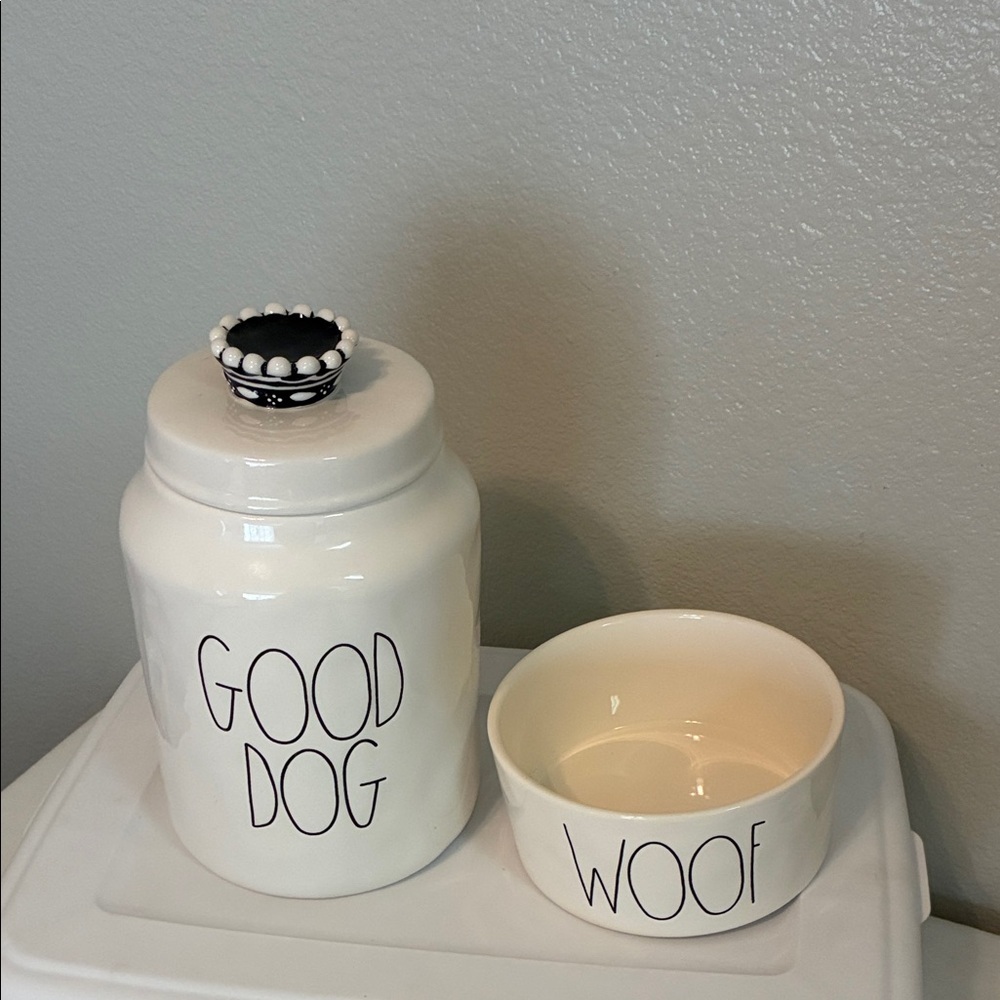 Rae Dunn White Ceramic Dog Treat Jar and Bowl Set